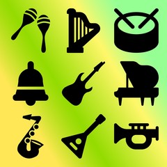Vector icon set  about music instruments with 9 icons related to design, bell, play, style and trommel