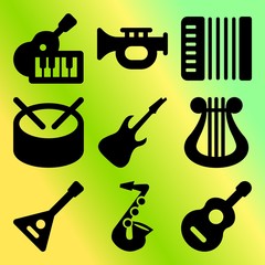 Vector icon set  about music instruments with 9 icons related to design, melody, harmonic, trumpet and graphic