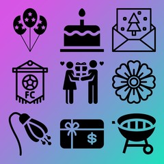 Fototapeta premium Vector icon set about birthday party with 9 icons related to icing, frame, plant, dancing and graphic