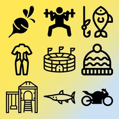 Vector icon set  about fitness and sport with 9 icons related to shape, casting, soccer stadium, arena and illustration