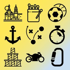 Vector icon set  about fitness and sport with 9 icons related to mountain, box, red, win and kick