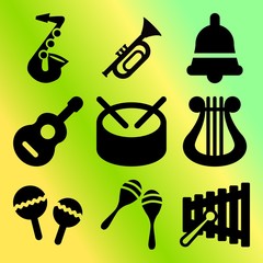 Vector icon set  about music instruments with 9 icons related to element, gusli, wallpaper, melody and saxophone