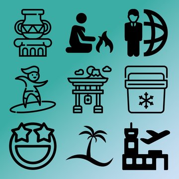 Vector icon set  about travel and tourism with 9 icons related to extreme, union, station, drawing and blue