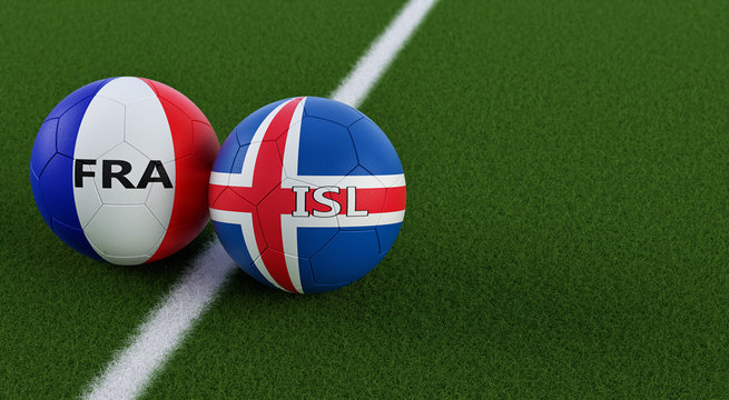 Iceland vs. France Soccer Match - Soccer balls in France and Icelands national colors on a soccer field. Copy space on the right side - 3D Rendering 