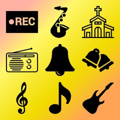 Vector icon set  about music with 9 icons related to reaction, bass, receiver, festival and rec