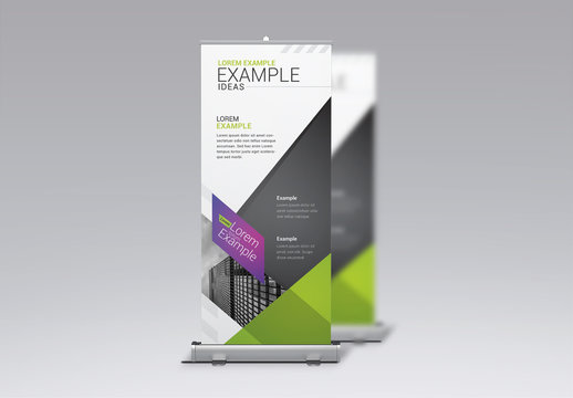 Business Banner Layout with Gray, Green, and Purple Accents