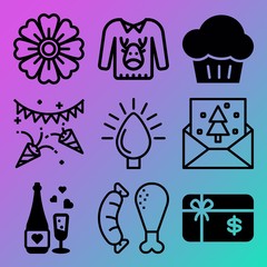 Vector icon set  about birthday party with 9 icons related to jumper, pattern, unhealthy, decor and casual