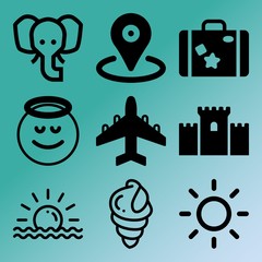 Vector icon set  about travel and tourism with 9 icons related to flight, historical, landmark, beach and airport