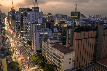 Sao Paulo, Brazil, May 17, 2018. Aerial view of Paulista Avenue and sky line of Sao Paulo city at night
