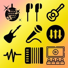 Vector icon set  about music with 9 icons related to mirrorball, melody, festival, sex and entertainment
