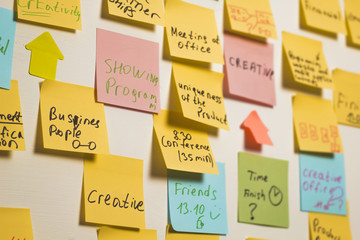Working wall in the office with stickers Post-it for brainstorming and creating new business ideas.