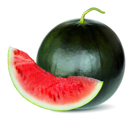 Isolated watermelon with cut watermelon slice with red flesh on white background