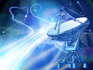Satellite Dishes Antenna - doppler radar, digital wave and blue technology background - abstract illustration of science, astronomy, information technology, network solutions  and digital technologies