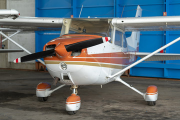 Small Sport Aircraft parked in hangar, close up. detail © asafaric