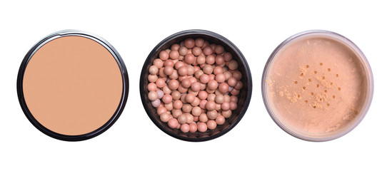 Set of face powder for make up isolated on white. Bronzing face pearls.