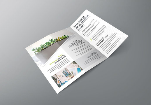 White Trifold Business Brochure with Black and Green Design Elements