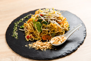 Popular Thai recipe,Pad Thai with  chicken and rice noodles
