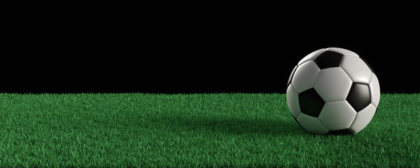 Soccer Ball Banner, Classic on Green Grass with Copy space on Black Background