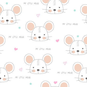 Cute mouse pastel seamless pattern with quotes. Vector hand drawn illustration.
