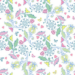 Beautiful artistic pattern with flowers and butterflies, hearts. Floral wallpaper in pastel colors. Decorative ornament backdrop for fabric, textile, wrapping paper.