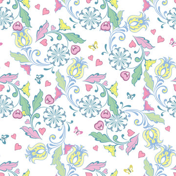 Beautiful artistic pattern with flowers and butterflies, hearts. Floral wallpaper in pastel colors. Decorative ornament backdrop for fabric, textile, wrapping paper.