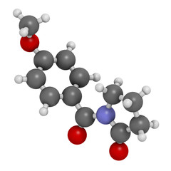 Aniracetam nootropic drug molecule. 3D rendering. Atoms are represented as spheres with conventional color coding: hydrogen (white), carbon (grey), oxygen (red), nitrogen (blue).