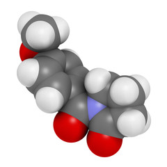 Aniracetam nootropic drug molecule. 3D rendering. Atoms are represented as spheres with conventional color coding: hydrogen (white), carbon (grey), oxygen (red), nitrogen (blue).