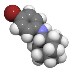 Bromantane asthenia drug molecule. Also used in sports doping. 3D rendering. Atoms are represented as spheres with conventional color coding: hydrogen (white), carbon (grey), etc