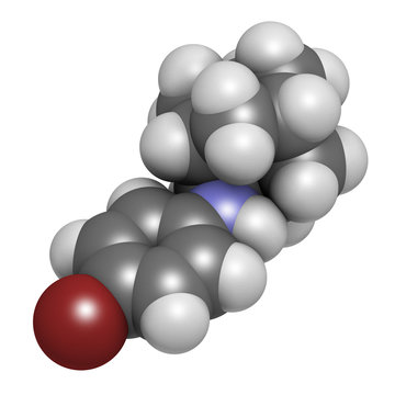 Bromantane asthenia drug molecule. Also used in sports doping. 3D rendering. Atoms are represented as spheres with conventional color coding: hydrogen (white), carbon (grey), etc