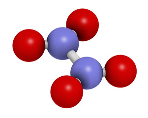Nitrogen tetroxide (dinitrogen tetroxide, N2O4) rocket propellant molecule. 3D rendering. Atoms are represented as spheres with conventional color coding: nitrogen (blue), oxygen (red).