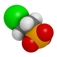 Ethephon plant growth regulator molecule. 3D rendering. Atoms are represented as spheres with conventional color coding: hydrogen (white), carbon (grey), oxygen (red), etc