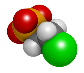 Ethephon plant growth regulator molecule. 3D rendering. Atoms are represented as spheres with conventional color coding: hydrogen (white), carbon (grey), oxygen (red), chlorine (green), etc