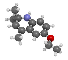 Ethoxyquin antioxidant food preservative molecule. Also used to control scald on pears. 3D rendering. Atoms are represented as spheres with conventional color coding: hydrogen (white), etc