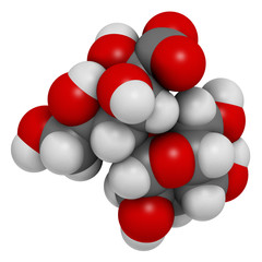 Lactobionic acid (lactobionate) molecule. Commonly used additive in food products, medicinal products and cosmetics. 3D rendering. Atoms are represented as spheres with conventional color coding.