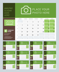 Desk Calendar for 2019 Year. Vector Design Print Template with Place for Photo, Logo and Contact Information. Week Starts on Monday. Calendar Grid with Week Numbers and Place for Notes