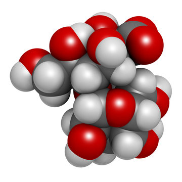 Lactobionic acid (lactobionate) molecule. Commonly used additive in food products, medicinal products and cosmetics. 3D rendering. Atoms are represented as spheres with conventional color coding.
