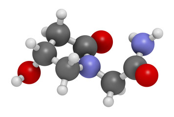 Oxiracetam nootropic drug molecule. 3D rendering. Atoms are represented as spheres with conventional color coding: hydrogen (white), carbon (grey), oxygen (red), nitrogen (blue).