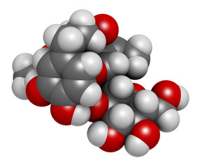 Oleuropein olive component molecule. In part responsible for pungency of virgin olive oil, may have beneficial properties. 3D rendering. Atoms are represented as spheres.