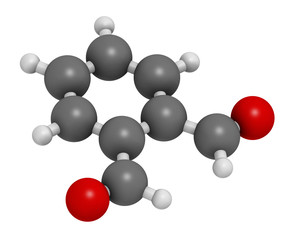 Phthalaldehyde (ortho-phthalaldehyde, OPA) disinfectant molecule.  3D rendering. Atoms are represented as spheres with conventional color coding: hydrogen (white), carbon (grey), oxygen (red).