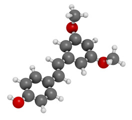 Pterostilbene 3D rendering. Atoms are represented as spheres with conventional color coding: hydrogen (white), carbon (grey), oxygen (red).