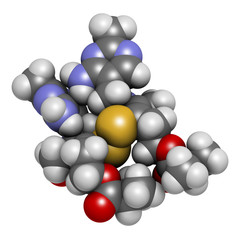 Sulbutiamine asthenia drug molecule. Also used in nutritional supplements. 3D rendering. Atoms are represented as spheres with conventional color coding.