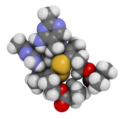 Sulbutiamine asthenia drug molecule. Also used in nutritional supplements. 3D rendering. Atoms are represented as spheres with conventional color coding.