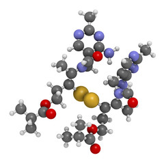 Sulbutiamine asthenia drug molecule. Also used in nutritional supplements. 3D rendering. Atoms are represented as spheres with conventional color coding.