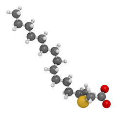 Tetradecylthioacetic acid (TTA) synthetic fatty acid molecule. 3D rendering. Atoms are represented as spheres with conventional color coding: hydrogen (white), carbon (grey), etc