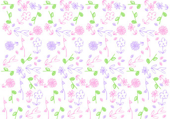 Fototapeta na wymiar 手描き背景　テキスタイル　植物　ピンク＆紫＆黄緑