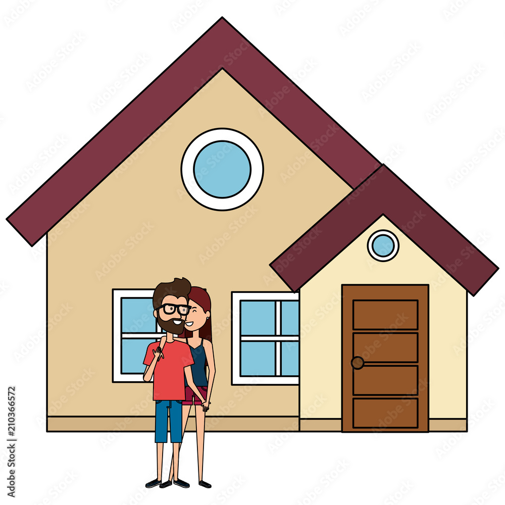 Poster couple lovers outside the house vector illustration design