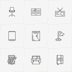 Office line icon set with smart phone, note book and table lamp