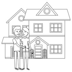 couple lovers outside the house vector illustration design