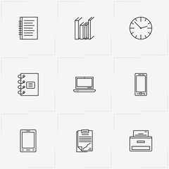 Office line icon set with smart phone, file folders and wall watch