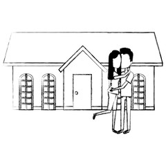 couple lovers outside the house vector illustration design